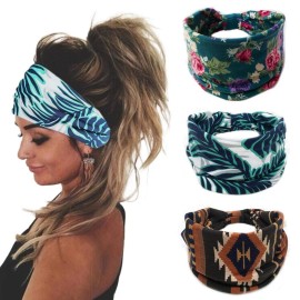 Bohend Boho Wide Headband Women Cotton Headbands Knotted Stretchy Bandeau No Slip Yoga Hairband (G)