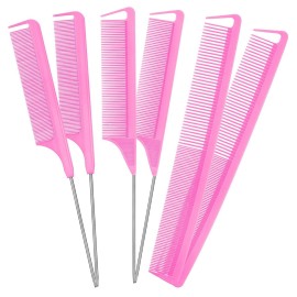 Patelai 6 Pcs Rat Tail Combs Set, 3 Pcs Long Steel Pin Teasing Combs 3 Fine Tooth and Wide Tooth Comb, Metal Parting Combs for Women Men Salon Hair Stylists(Pink)