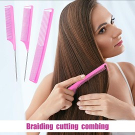 Patelai 6 Pcs Rat Tail Combs Set, 3 Pcs Long Steel Pin Teasing Combs 3 Fine Tooth and Wide Tooth Comb, Metal Parting Combs for Women Men Salon Hair Stylists(Pink) Patelai 6 Pcs Rat Tail Combs Set, 3 Pcs Long Steel Pin Teasing Combs 3 Fine Tooth and Wide Tooth Comb, Metal Parting Combs for Women Men Salon Hair Stylists(Pink)