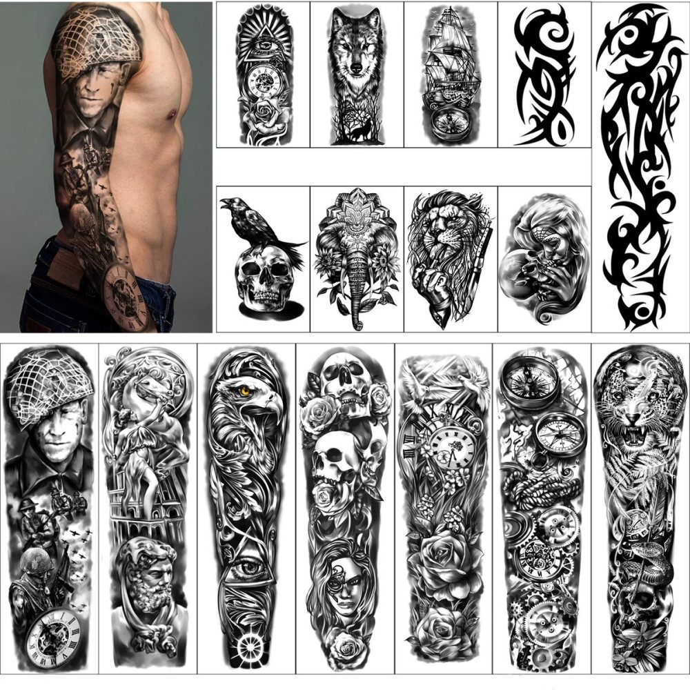 Full Arm Temporary Tattoos 8 Sheets and Half Arm Shoulder Waterproof Tattoos 8 Sheets, Extra Large Tattoo Stickers for Men and Women (22.83X7.1)