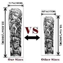 Full Arm Temporary Tattoos 8 Sheets and Half Arm Shoulder Waterproof Tattoos 8 Sheets, Extra Large Tattoo Stickers for Men and Women (22.83X7.1)