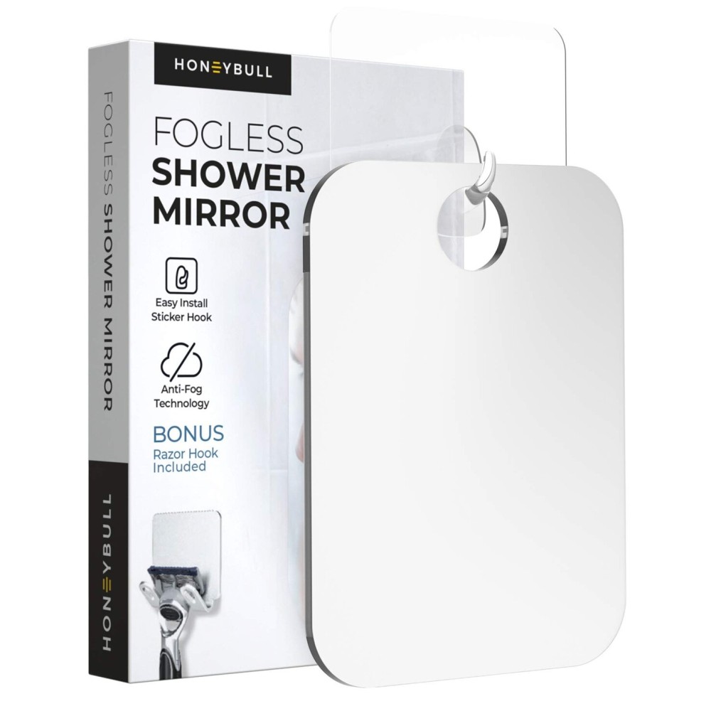 HONEYBULL Small 4x6in Wall Mount Home Mirror - Fogless Shower Shaving, Anti Fog, Razor Holder, Bathroom Accessories, Plastic, White, Travel HONEYBULL Small 4x6in Wall Mount Home Mirror - Fogless Shower Shaving, Anti Fog, Razor Holder, Bathroom Accessories, Plastic, White, Travel