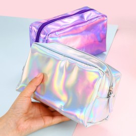 PU Leather Holographic Makeup Pouch Cosmetic Bag Waterproof Toiletries Organizer Pen Bag for Women and Girls (Purple)