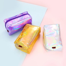 PU Leather Holographic Makeup Pouch Cosmetic Bag Waterproof Toiletries Organizer Pen Bag for Women and Girls (Purple)