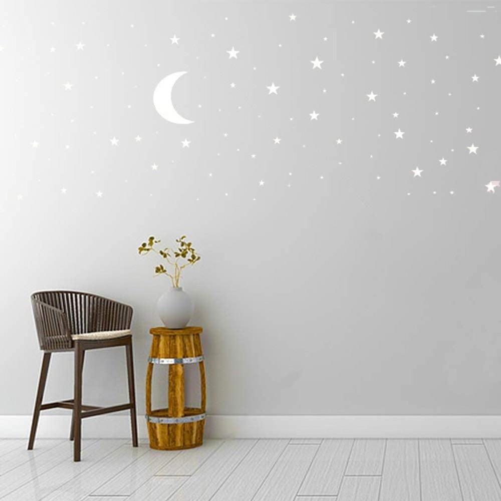 Moon and Stars Wall Decal Vinyl Sticker, Removable Children Kids Art DIY Sticker Mural for Boy Girls Baby Room Decoration Good Night Nursery Wall Decor Home House Bedroom Design (White)