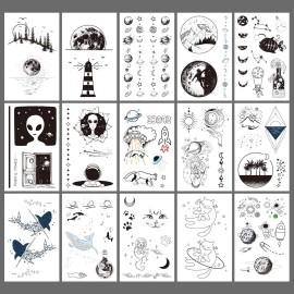 Oottati 15 Sheets Temporary Tattoo Stickers Glow in Dark Children Night Luminous Fluorescent Green Light Rainbow Rocket Alien Planet Astronaut Milky Way