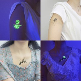 Oottati 15 Sheets Temporary Tattoo Stickers Glow in Dark Children Night Luminous Fluorescent Green Light Rainbow Rocket Alien Planet Astronaut Milky Way