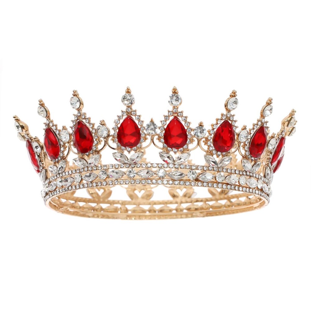FORSEVEN Queen Crown Rhinestone Wedding Crowns and Tiaras for Women Costume Party Hair Accessories Princess Birthday Crown Crystal Bridal Crown (Gold+Red)