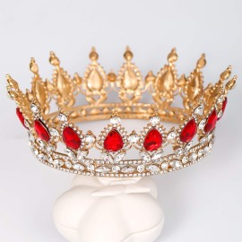 FORSEVEN Queen Crown Rhinestone Wedding Crowns and Tiaras for Women Costume Party Hair Accessories Princess Birthday Crown Crystal Bridal Crown (Gold+Red)