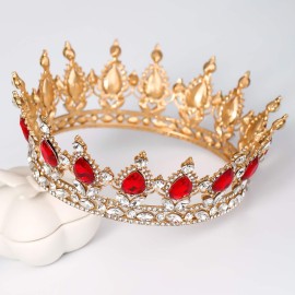 FORSEVEN Queen Crown Rhinestone Wedding Crowns and Tiaras for Women Costume Party Hair Accessories Princess Birthday Crown Crystal Bridal Crown (Gold+Red)