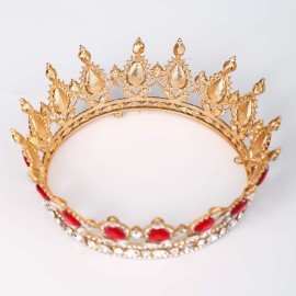 FORSEVEN Queen Crown Rhinestone Wedding Crowns and Tiaras for Women Costume Party Hair Accessories Princess Birthday Crown Crystal Bridal Crown (Gold+Red)
