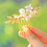 Yokawe Bridal Wedding Hair Comb Gold Pearl Flower Hair Clip Vintage leaf Rhinestone Bride Hair Accessories for Women (Gold)