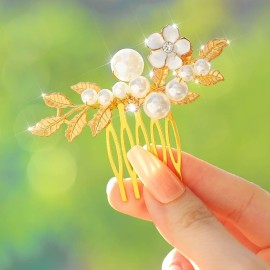 Yokawe Bridal Wedding Hair Comb Gold Pearl Flower Hair Clip Vintage leaf Rhinestone Bride Hair Accessories for Women (Gold)