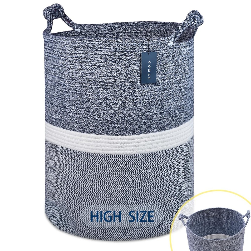 COMSE Extra Large Blanket Basket, Tall Woven Storage Basket, Nursery Hamper, 15.7x 21.7, Cotton Rope Laundry Hamper for Toys Clothes Towels, Blend Navy Blue/White