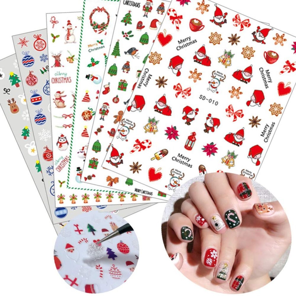 6 Sheets Christmas Nail Art Stickers 3D Snowflake Self-Adhesive Nail Decals Tree Bell Santa Claus Elk Sock Designs Sticker Xmas Winter Nails Supplies for Fingernails & toenail Charms Nail Art Decor