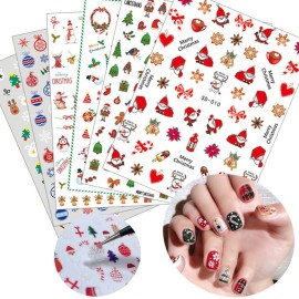 6 Sheets Christmas Nail Art Stickers 3D Snowflake Self-Adhesive Nail Decals Tree Bell Santa Claus Elk Sock Designs Sticker Xmas Winter Nails Supplies for Fingernails & toenail Charms Nail Art Decor