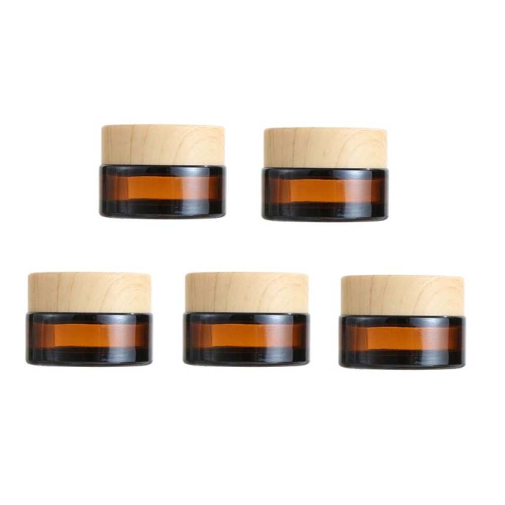 5Pcs 20G/20ML Refillable Round Amber Glass Cream Jars Empty Cosmetic Containers Sample Jars Bottle with Inner Liners and Wood Grain Lid for Storage Cream Lotion Balm etc