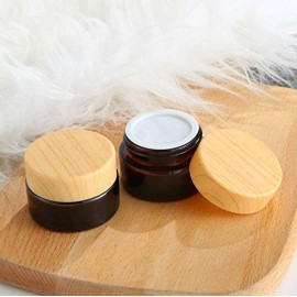 5Pcs 20G/20ML Refillable Round Amber Glass Cream Jars Empty Cosmetic Containers Sample Jars Bottle with Inner Liners and Wood Grain Lid for Storage Cream Lotion Balm etc