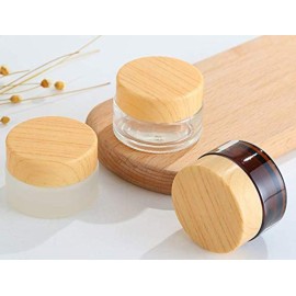 5Pcs 20G/20ML Refillable Round Amber Glass Cream Jars Empty Cosmetic Containers Sample Jars Bottle with Inner Liners and Wood Grain Lid for Storage Cream Lotion Balm etc