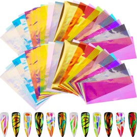 Maitys 40 Pieces Glass Paper Nail Design Sticker Decal Iridescent Shinning Reflective Mirror Design Broken Glass Nail Stickers 20 Colors