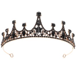 Lurrose Baroque Queen Crown Wedding Bridal Tiara Black Rhinestones Baroque Halloween Costume Prom Pageant Tiara for Women