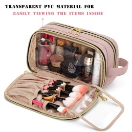 Teamoy Portable Makeup Brush Bag (up to 9), Makeup Brush Holder with Handle, Travel Makeup Organizer Cosmetic Bag, Travel Toiletry Bag Artist Storage Bag, Misty Rose