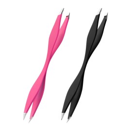 NUOMI 2 Pack Eyebrow Tweezers Double Ends Stainless Steel Tweezers Makeup Tools with Slant/Pointed Tips for Removing Facial Hair, Ingrown Hair, Pink and Black
