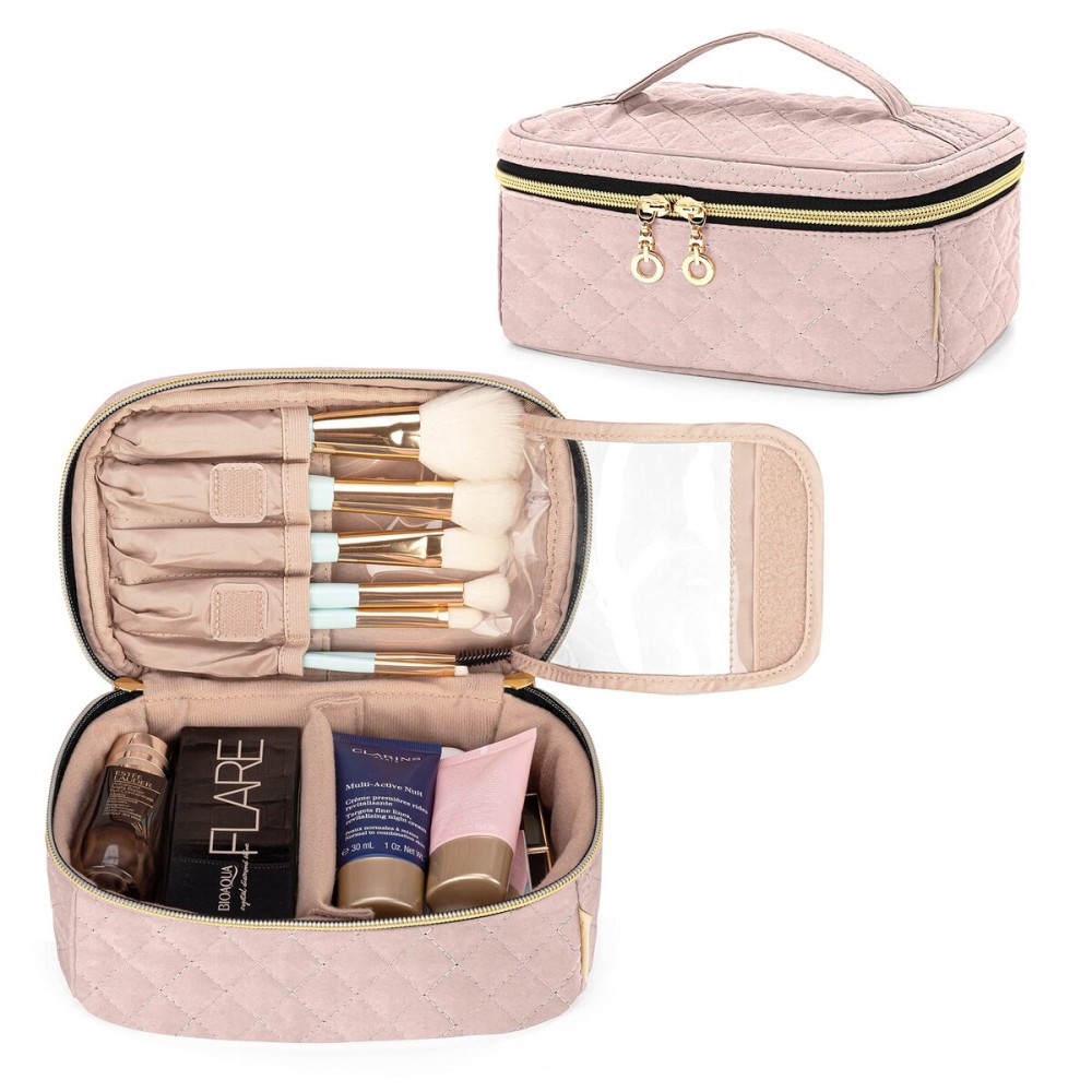 Teamoy Travel Makeup Brush Case, Professional Cosmetic Artist Organizer Case with Handle for Makeup Brushes(up to 7-inch) and Essentials, Small, Misty Rose(BAG ONLY)