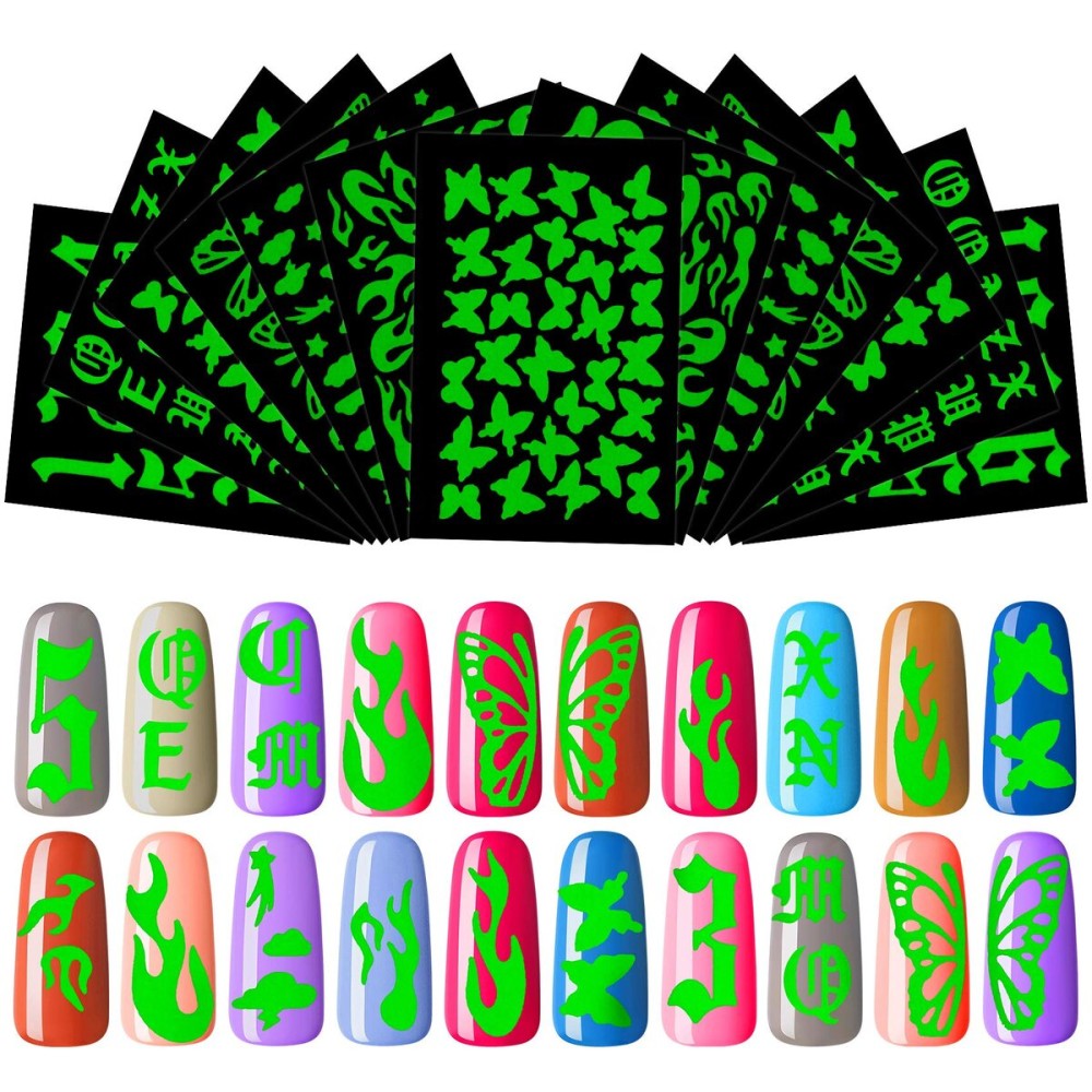 OIIKI 24PCS Luminous Butterfly Nail Stickers, 3D Self-Adhesive Fluorescence Flame Butterfly Cloud Rainbow Number Letter Nail Stickers Decals, Nail Wrap Manicure, Glow in The Dark, for Nail DIY OIIKI 24PCS Luminous Butterfly Nail Stickers, 3D Self-Adhesive Fluorescence Flame Butterfly Cloud Rainbow Number Letter Nail Stickers Decals, Nail Wrap Manicure, Glow in The Dark, for Nail DIY