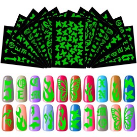 OIIKI 24PCS Luminous Butterfly Nail Stickers, 3D Self-Adhesive Fluorescence Flame Butterfly Cloud Rainbow Number Letter Nail Stickers Decals, Nail Wrap Manicure, Glow in The Dark, for Nail DIY