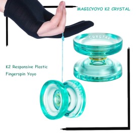 MAGICYOYO K2 Responsive Yoyo - Great for Kids and Beginners with Smooth Spins and Fingerspin Design - with Storage Glove, Bag, and 12 Yo-Yo Strings - Crystal Green
