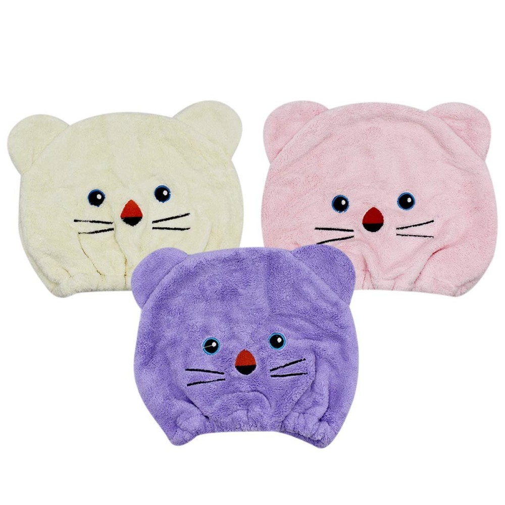 3 PCS Cute Cartoon Bear Microfiber Hair Drying Cap Coral Fleece Absorbent Hair Drying Towel Bath Shower Head Wrap for Women Kids