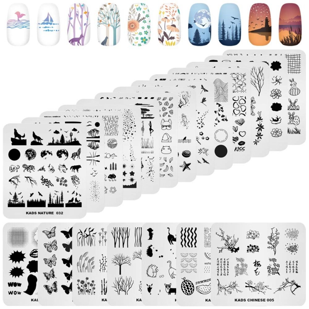 KADS 20pcs Nail Stamp Plates Set - Leaves, Flowers, Animal Nail Art Templates (20 Pcs)
