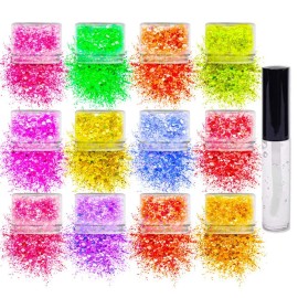 Neon Holographic Body Glitter I 12 Colors + 1 Glitter Glue for Face, Hair, Nail, Eye & Glitter Eyeshadow - Perfect for Halloween Makeup, Raves, Festivals, Resin, Tumblers, Cosmetic & Nail Art