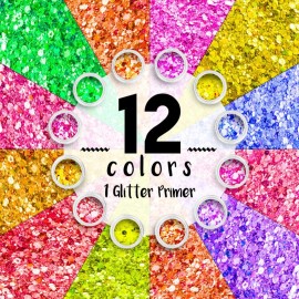 Neon Holographic Body Glitter I 12 Colors + 1 Glitter Glue for Face, Hair, Nail, Eye & Glitter Eyeshadow - Perfect for Halloween Makeup, Raves, Festivals, Resin, Tumblers, Cosmetic & Nail Art