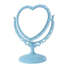 AKOAK 1 Pack Simple and Lovely Heart-Shaped Cosmetic Mirror Plastic Double-Sided Rotatable Dresser Mirror Lightweight Mirror Bathroom Bedroom Mirror Four-Color(Blue)