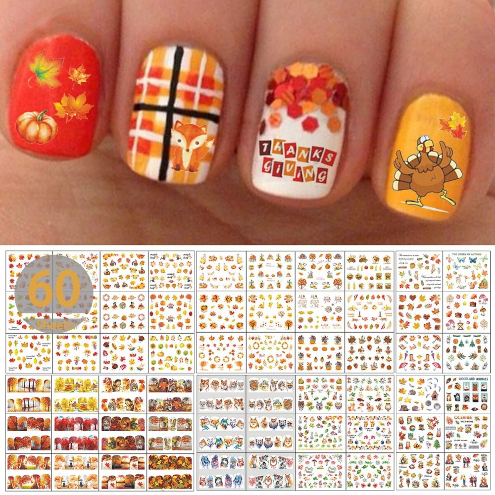 TailaiMei 60 Sheets Fall Water Transfer Nail Art Stickers Decals, Thanksgiving Autumn Nail Decorations, Design for Maple Leaves Pumpkin Turkey (1178 Pcs) TailaiMei 60 Sheets Fall Water Transfer Nail Art Stickers Decals, Thanksgiving Autumn Nail Decorations, Design for Maple Leaves Pumpkin Turkey (1178 Pcs)