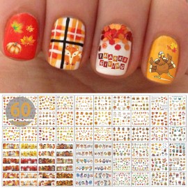 TailaiMei 60 Sheets Fall Water Transfer Nail Art Stickers Decals, Thanksgiving Autumn Nail Decorations, Design for Maple Leaves Pumpkin Turkey (1178 Pcs)
