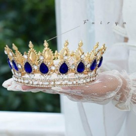 Foyte Baroque Queen Crown and Tiaras Sparkly Rhinestone Wedding Crown Bride Royal Princess Full Tiaras Headpieces for Women (Blue)