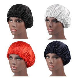 Tbrand Deepth 4 Pieces Satin Sleep Cap Satin Bonnet Night Head Cover Sleeping Soft Hair Turbans for Women and Girls, Black,white,red,navy, X-Large
