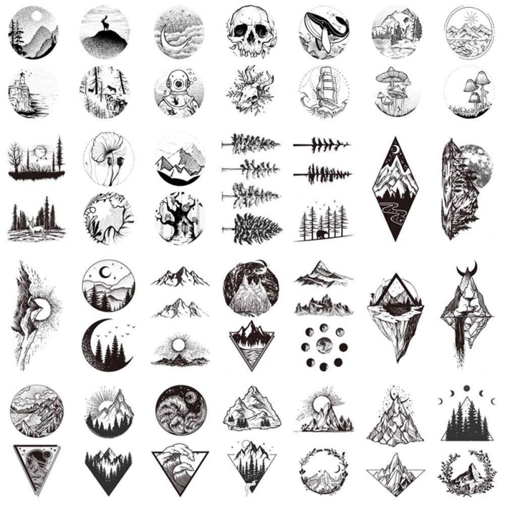 30 Sheets Black Mountain Space Temporary Tattoo, Hands Face Tattoo Sticker for Men Women, Forest Star Moon Designs Body Art on Arm Neck Shoulder Clavicle Waterproof