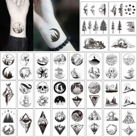 30 Sheets Black Mountain Space Temporary Tattoo, Hands Face Tattoo Sticker for Men Women, Forest Star Moon Designs Body Art on Arm Neck Shoulder Clavicle Waterproof