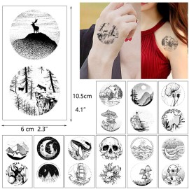 30 Sheets Black Mountain Space Temporary Tattoo, Hands Face Tattoo Sticker for Men Women, Forest Star Moon Designs Body Art on Arm Neck Shoulder Clavicle Waterproof