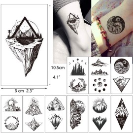 30 Sheets Black Mountain Space Temporary Tattoo, Hands Face Tattoo Sticker for Men Women, Forest Star Moon Designs Body Art on Arm Neck Shoulder Clavicle Waterproof