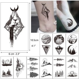 30 Sheets Black Mountain Space Temporary Tattoo, Hands Face Tattoo Sticker for Men Women, Forest Star Moon Designs Body Art on Arm Neck Shoulder Clavicle Waterproof