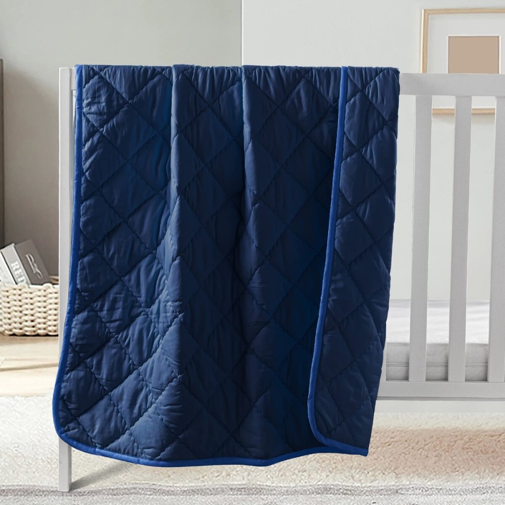 FLXXIE Machine Washable Microfiber Down Alternative Toddler Comforter, Super Soft and Lightweight Kids Crib Quilted Blanket for Stroller, Travel, 39x47 Inches, Navy Blue