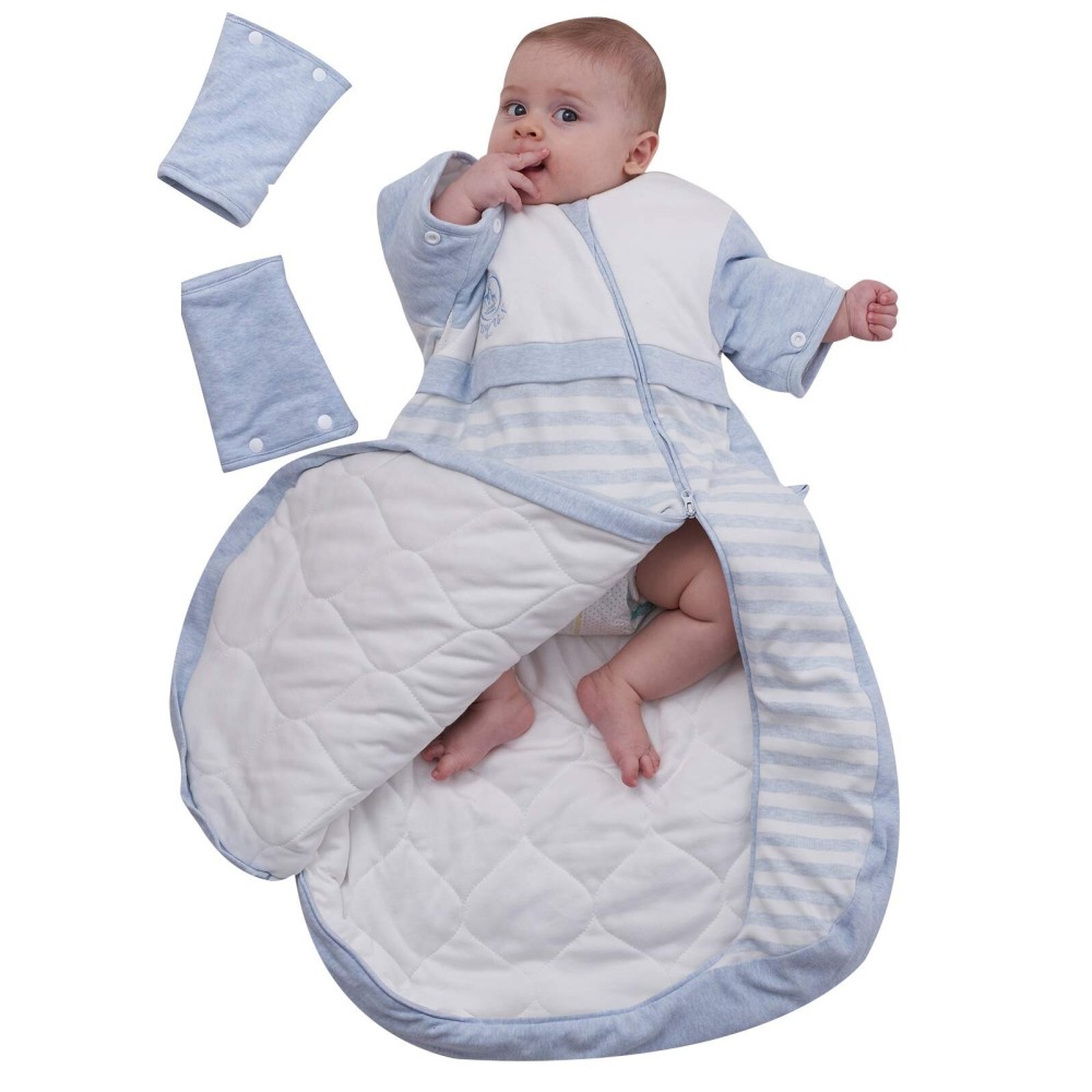 OuYun Baby Organic Sleeping Bag Detachable Sleeve Wearable Blanket,Blue,130g Filling,2.5 Tog for 60-68
