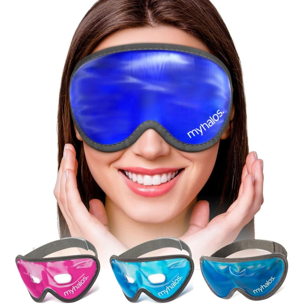 MyHalos Gel Eye Mask - Reusable Cold Eye Mask with Adjustable Straps- Our Soothing Eye Gel Mask Helps Puffy Eyes, Dark Circles and Hangovers - Our Eye Ice Pack Also Relieves Sinus Pain & Headaches