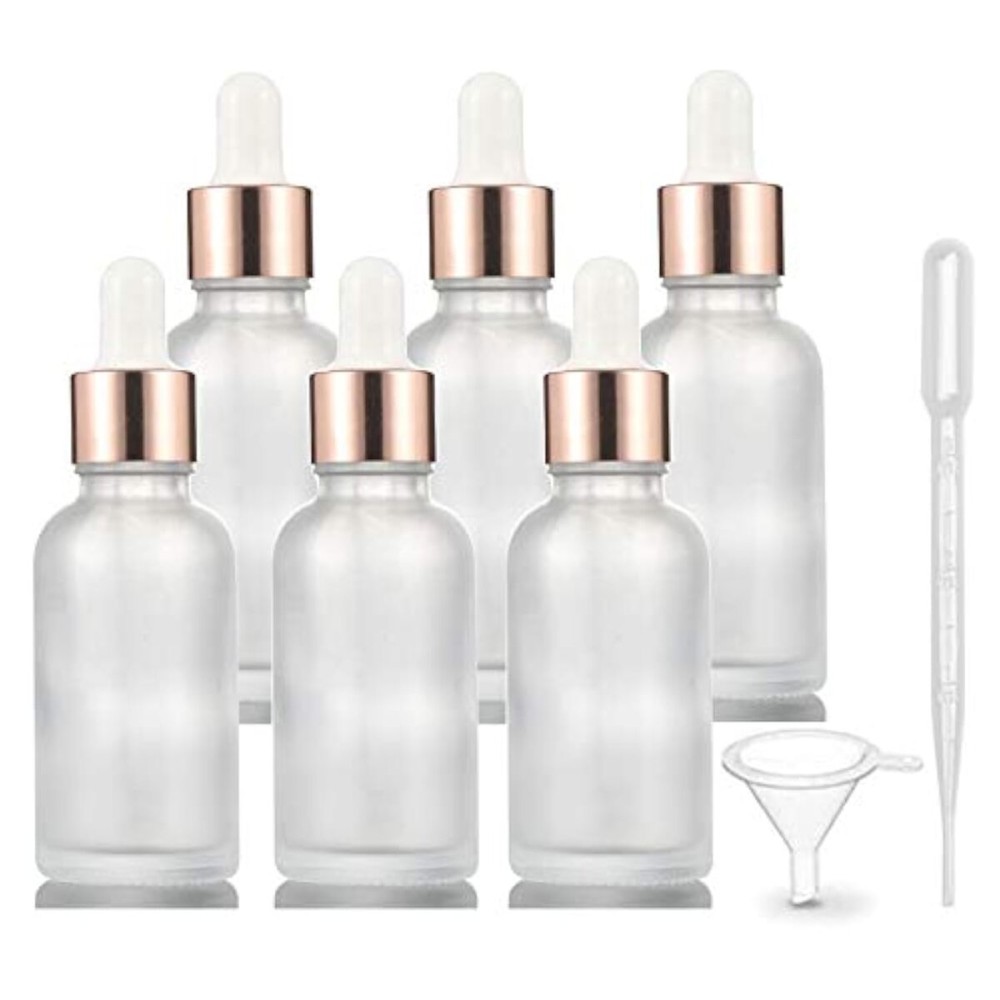 6 Pack Frosted Glass Essential Oil Dropper Bottle - Empty Liquid Container With Rose-Golden Caps, Eye Dropper, Pipette & Funnel - Travel Perfume Cosmetic Container (30ml/1 Ounce)