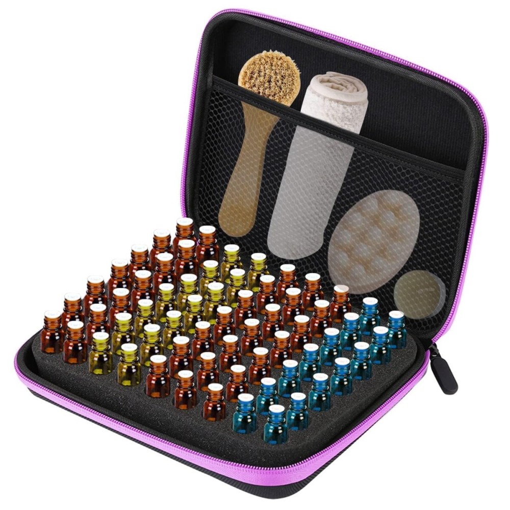 Essential Oils Storage, Essential Oils Carrying Case for 63 Bottles, Holds 1-3 ml Bottles Essential Oils Organzier Bag with Foam Insert Shockproof Durable Essential Oils Holder Bag(Purple)